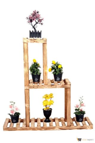 AHŞAPEVİM 3 Katlı 6 Bölmeli Eskitme-yakma Model Dekoratif Saksılık Standı Doğal Ahşap Balkon Raf Çiçeklik