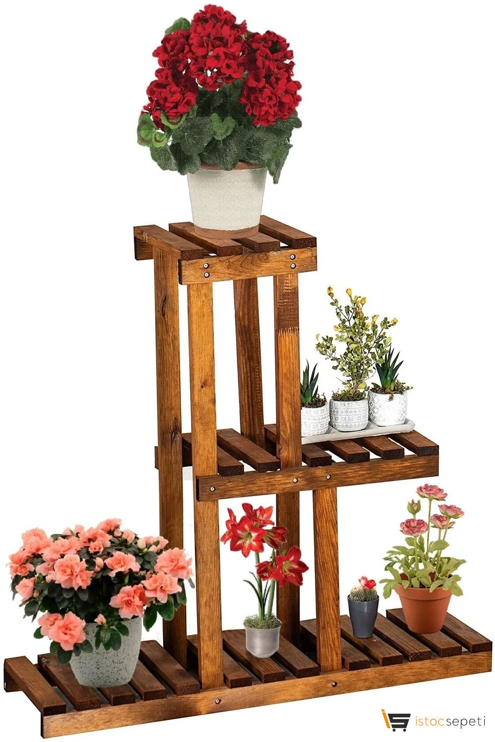 AHŞAPEVİM Ahşap Saksılık Dekoratif Çiçeklik Standı Doğal Ağaçtan 3 Katlı Raf Balkon Bahçe Saksı Standı