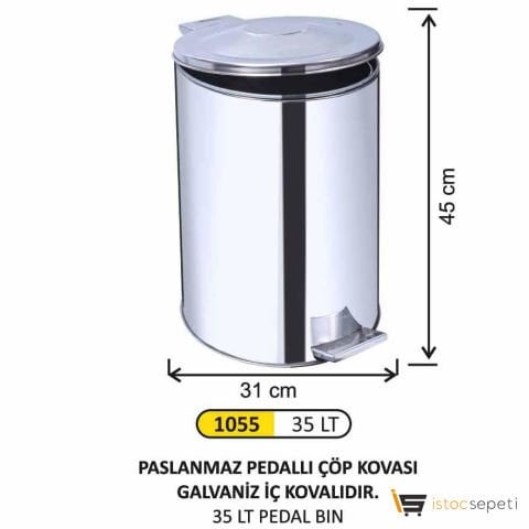 Arı Metal 1055 Paslanmaz Pedallı Çöp Kovası 35 LT Galvaniz İç Kovalı