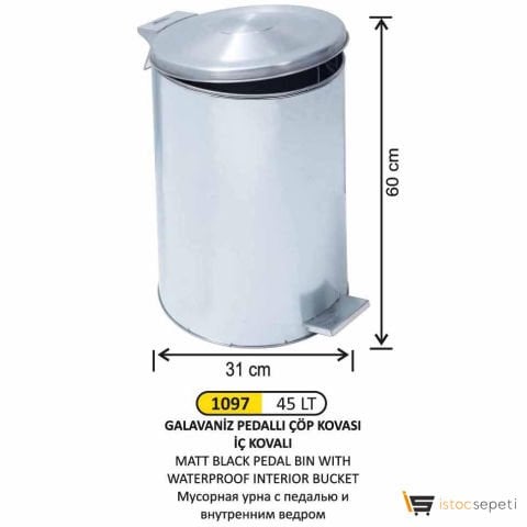 Arı Metal 1097 Galvaniz Pedallı Çöp Kovası 45 Litre Galvaniz İç Kovalı
