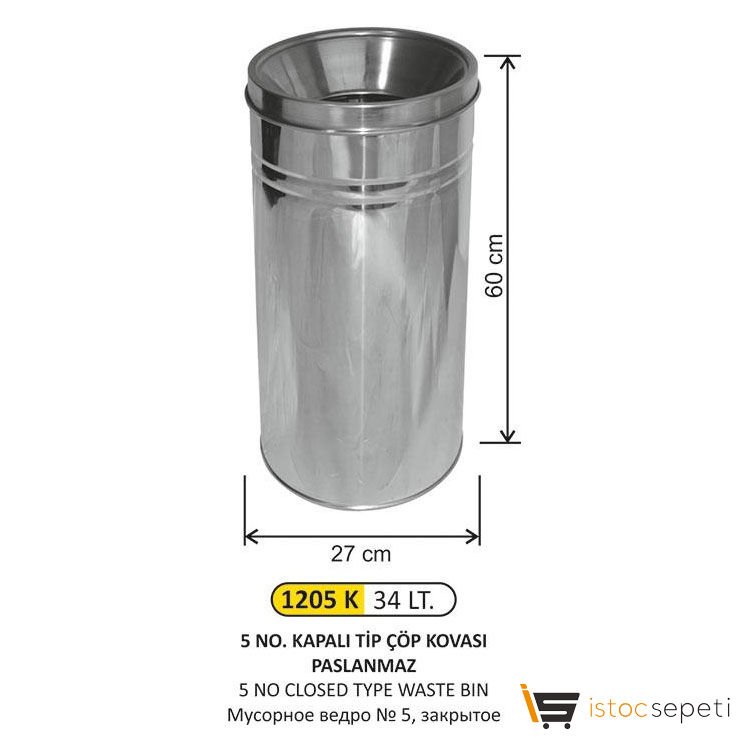 Arı Metal 34 LT 5 No Kapalı Tip Paslanmaz Çöp Kovası