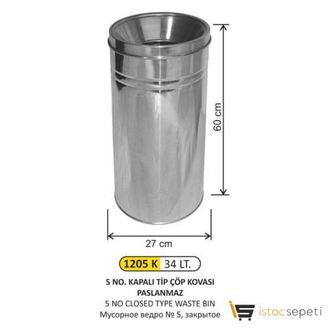 Arı Metal 34 LT 5 No Kapalı Tip Paslanmaz Çöp Kovası