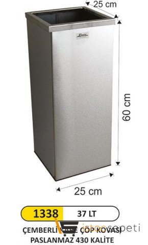 Arı Metal 1338 Kare Çemberli Çöp Kovası Paslanmaz 37 Litre