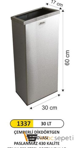 Arı Metal 1337 Dikdörtgen Çemberli Çöp Kovası Paslanmaz 30 Litre