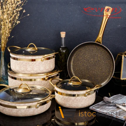 9 Parça Cream Taş Çemberli Lüks Tencere Seti