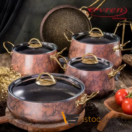 9 Parça Bronz Taş Mermer Desenli Bakraç Tencere Seti