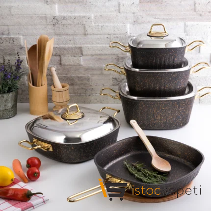 9 Parça Gold Stone Kare Tencere Seti (Çelik Kapak)
