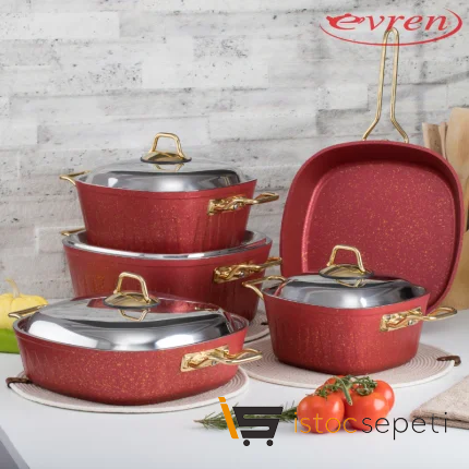 9 Parça Red Kare Tencere Seti (Çelik Kapak)
