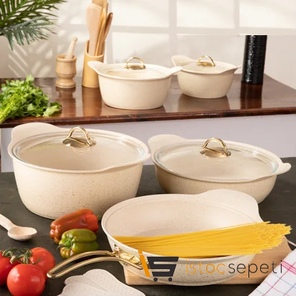 9 Parça Cream Yelpaze Döküm Tencere Seti (Döküm Kapak)