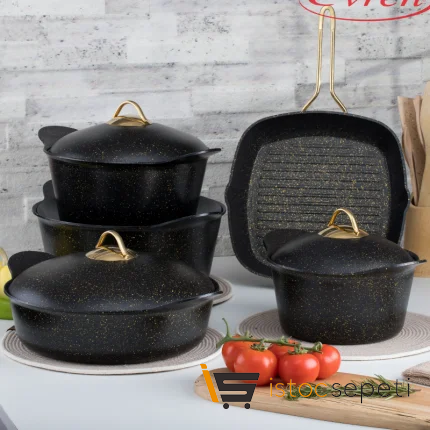9 Parça Gold Stone Yelpaze Döküm Tencere Seti (Döküm Kapak)