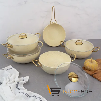 9 Parça Cream Wok Tencere Seti