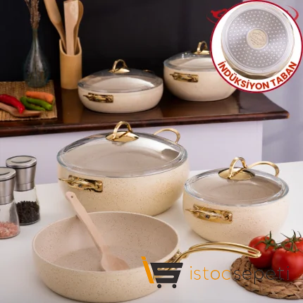 9 Parça Cream İndüksiyon Tabanlı Güveç Tencere Seti