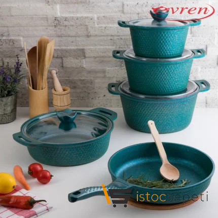 9 Parça Green Kristal Döküm Tencere Seti
