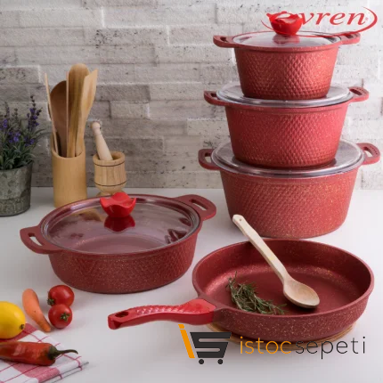 9 Parça Red Kristal Döküm Tencere Seti