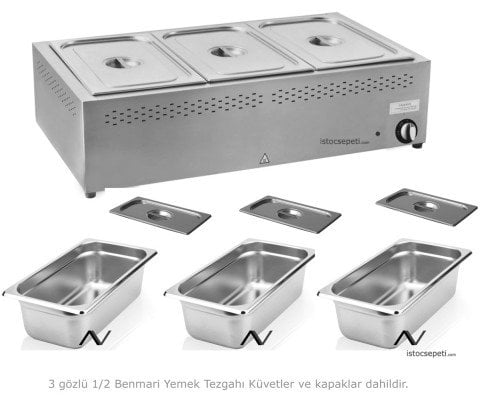 Sıcak Yemek Servisi 3 Gözlü Benmari + Küvetler + Kapaklar Dahil