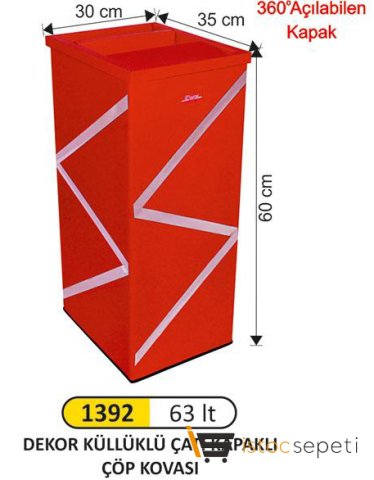 Arı Metal 1392 63 Lt Diktörtgen Dekorlu Çatı Kapaklı Küllüklü Çöp Kovası 63 Lt