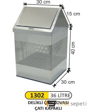 Arı Metal 1302 36Lt Delikli Çöp Kovası Çatı Kapaklı Paslanmaz