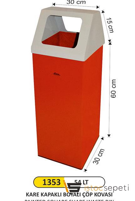 Arı Metal 1353 54 Lt Kare Kapaklı Boyalı Çöp Kovası 30X30X60+15 Cm