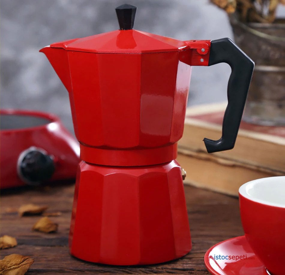Moka Pot Kırmızı 6 Cup 300 ml 6 Kişilik Macho Espresso Kahve Isıtıcı