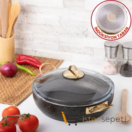 26 Cm Gold Stone İndüksiyon Tabanlı Güveç Basık Tencere 2,8 Lt (Gold Çelik Kulp)