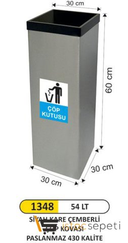 Arı Metal 1348 54 Lt Siyah Kare Çemberli Çöp Kovası Paslanmaz 430 Kalite 30X30X60 Cm