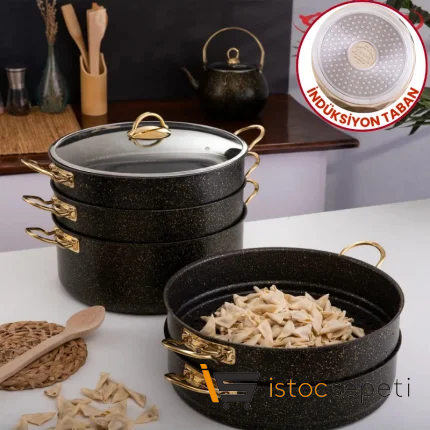 6 Parça 32 Cm Gold Stone İndüksiyonlu Buharlı Pişirici, Mantı Tencere Seti 9 Lt