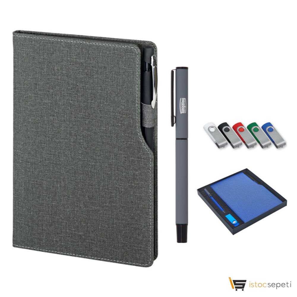 Füme Hediyelik Set 15x21 Termo Deri Not Defteri USB - Metal Tükenmez Kalem Roller Promosyon