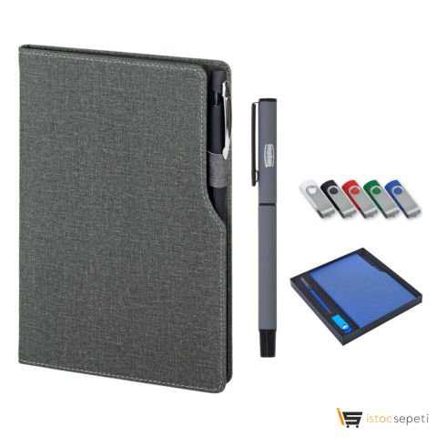 Füme Hediyelik Set 15x21 Termo Deri Not Defteri USB - Metal Tükenmez Kalem Roller Promosyon