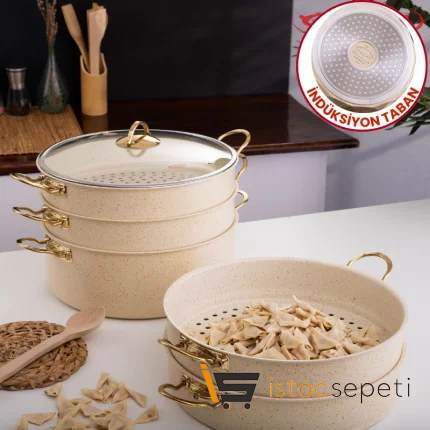 6 Parça 32 Cm Cream İndüksiyonlu Buharlı Pişirici, Mantı Tencere Seti 9 Lt