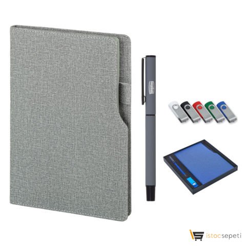 Gri Hediyelik Set 15x21 Termo Deri Not Defteri USB - Metal Tükenmez Kalem Roller