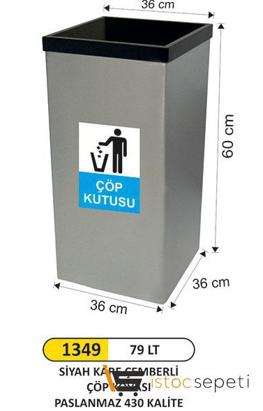 Arı Metal 1349 79 Lt Siyah Kare Çemberli Çöp Kovası Paslanmaz 430 Kalite 36X36X60 Cm