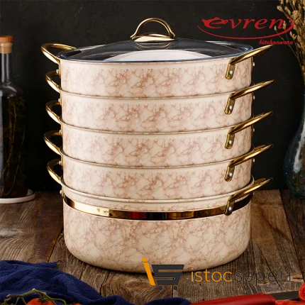 6 Parça 30 Cm Cream Taş Mermer Desenli Buharlı Pişirici, Mantı Tencere Seti 7,5 Lt