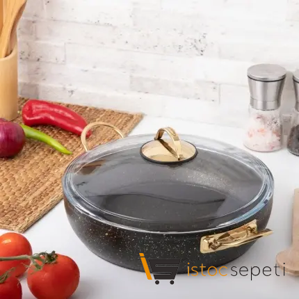30 Cm Gold Stone Güveç Basık Tencere 4 Lt (Gold Çelik Kulp)