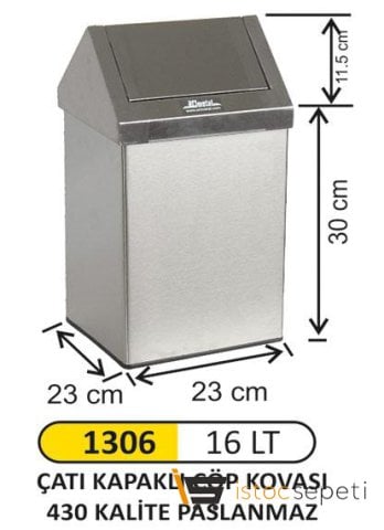 Arı Metal 1306 Çatı Kapaklı Çöp Kovası Paslanamaz 16 Litre