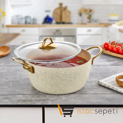 24 Cm Cream Ezme Seri Derin Tencere 3,8 Lt (Gold Çelik Kulp)