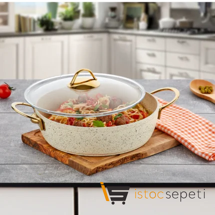 32 Cm Cream Ezme Seri Basık Tencere 4,7 Lt (Gold Çelik Kulp)