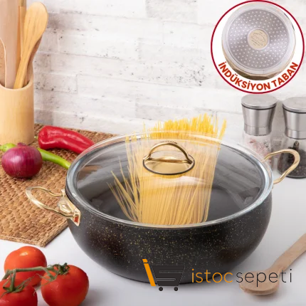 28 Cm Gold Stone İndüksiyon Tabanlı Güveç Derin Tencere 5.9 Lt (Gold Çelik Kulp)