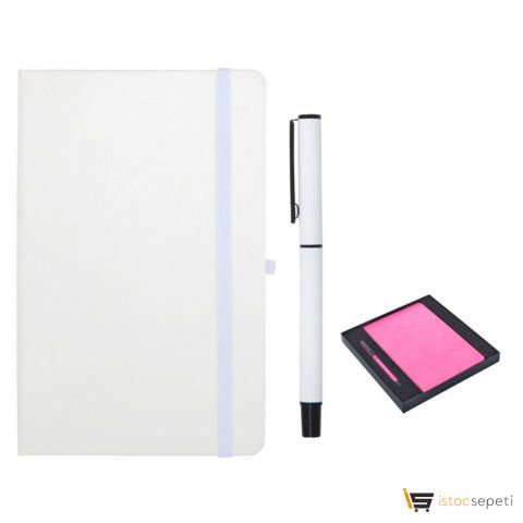 Beyaz Hediyelik Set 13x21 Renkli Kenar Not Defteri Metal Rubber Gövde Roller Kalem Promosyon
