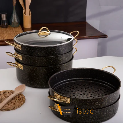 6 Parça 34 Cm Gold Stone Ezme Seri Buharlı Pişirici Mantı Tencere Seti 12 Lt