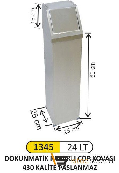 Arı Metal 1345 Kare Yaylı Kapaklı Paslanmaz Çöp Kovası 24 lt