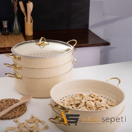 6 Parça 28 Cm Cream Ezme Seri Buharlı Pişirici Mantı Tencere Seti 5.9 Lt