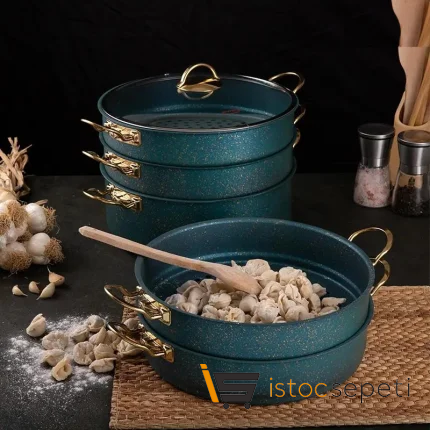 6 Parça 30 Cm Green Ezme Seri Buharlı Pişirici Mantı Tencere Seti 7.5 Lt