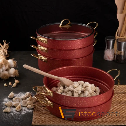 6 Parça 30 Cm Red Ezme Seri Buharlı Pişirici Mantı Tencere Seti 7.5 Lt