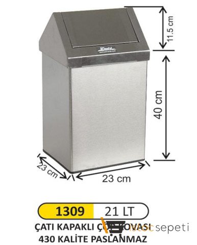 Arı Metal 1309 Çatı Kapaklı Çöp Kovası Paslanmaz 21 Litre 23X23X40 Cm