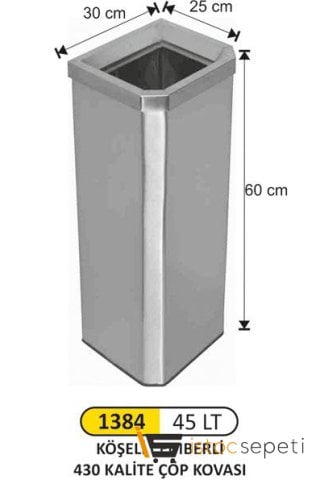 Arı Metal 1384 45 Lt Dikdörtgen Paslanmaz Köşeli Çemberli 430 Kalite Çöp Kovası
