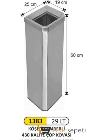 Arı Metal 1383 29 Lt Dikdörtgen Paslanmaz Çemberli 430 Kalite Çöp Kovası