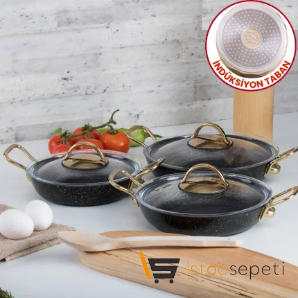 3 Parça Gold Stone İndüksiyonlu Sahan Set (18-20-22 cm Set)