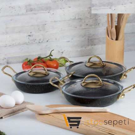 3 Parça Gold Stone Kapaklı Sahan Set (18-20-22 cm Set)