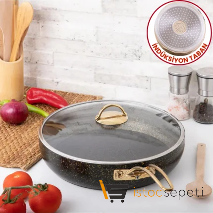 26 Cm Gold Stone İndüksiyon Tabanlı Güveç Kapaklı Tava (Gold Çelik Kulp)