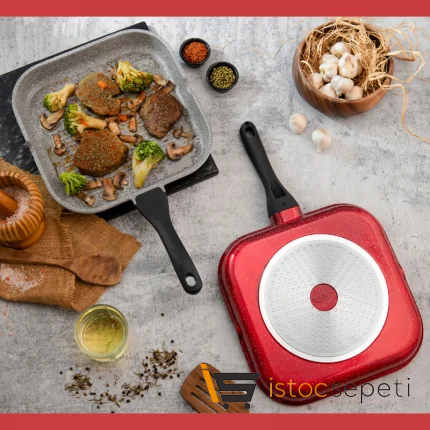 28 Cm İndüksiyon Tabanlı Kare Grill Tava (Kırmızı)